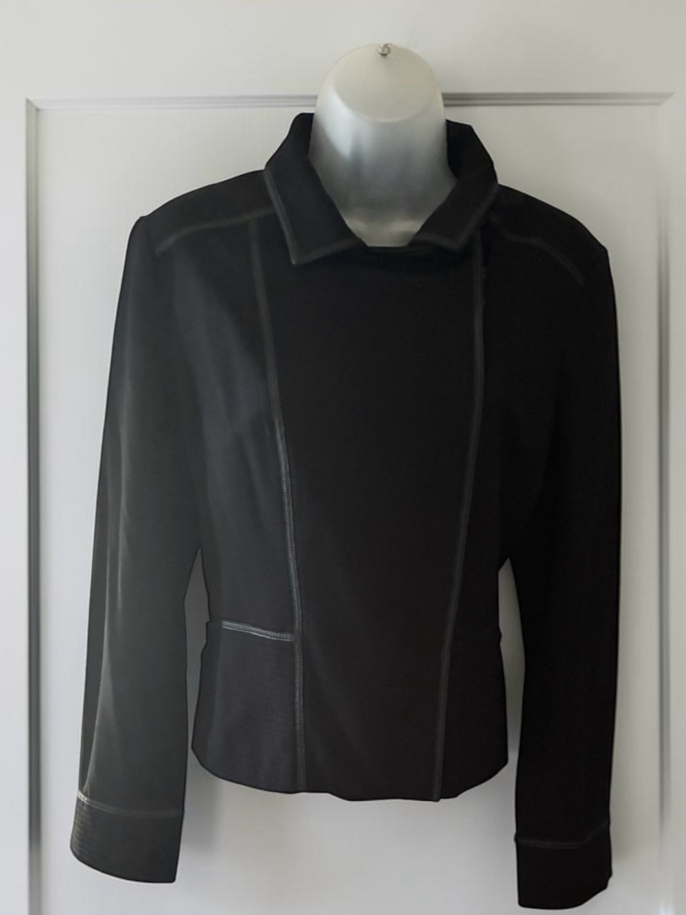 Chico's Black Asymmetrical Collar Leather-Trim Jacket